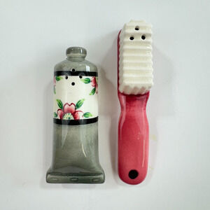 Vtg Salt & Pepper Shakers Toothbrush & Toothpaste Shape Gray Pink Floral 1952?